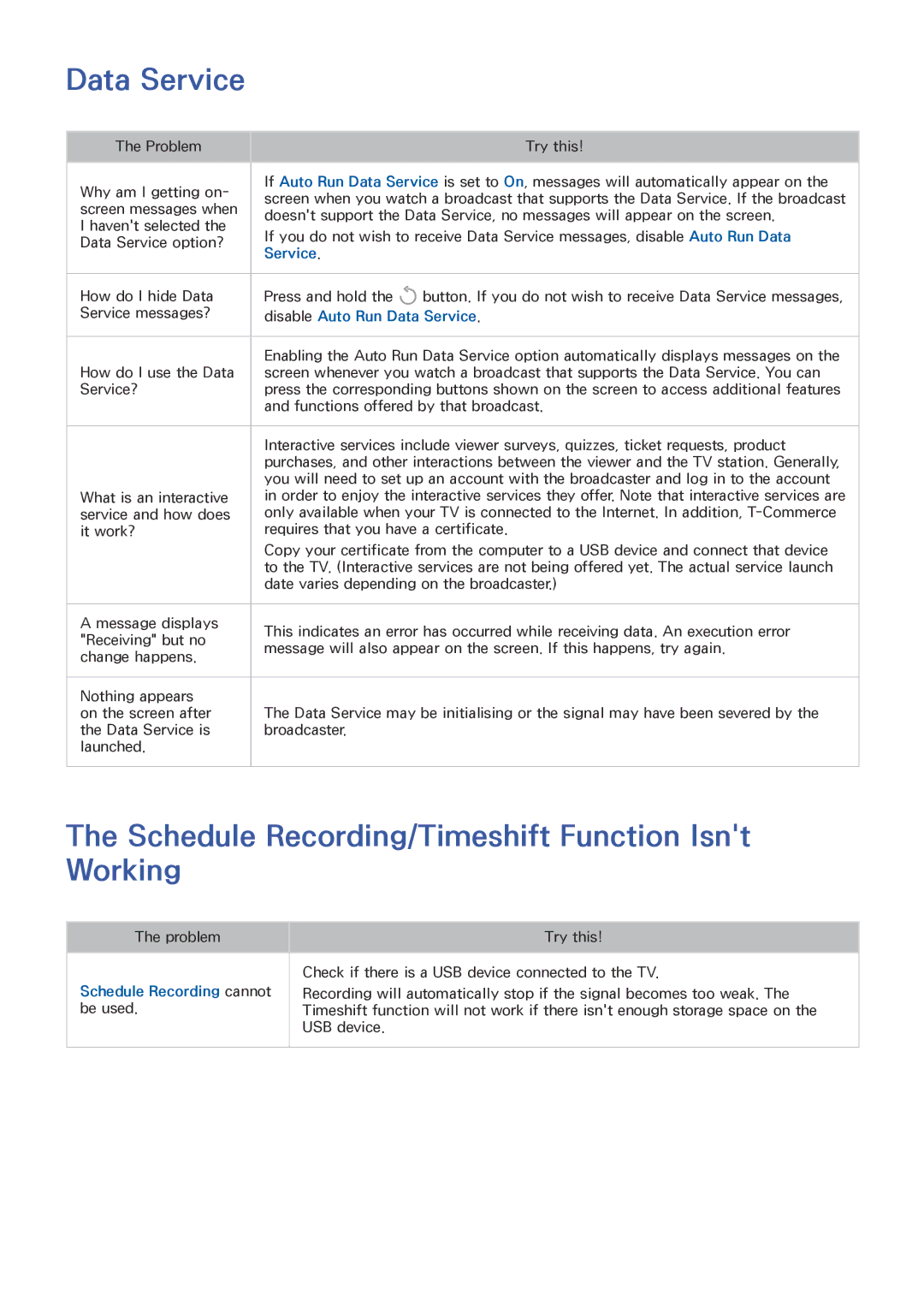 Samsung UE32LS001EUXXU manual Schedule Recording/Timeshift Function Isnt Working, Disable Auto Run Data Service 