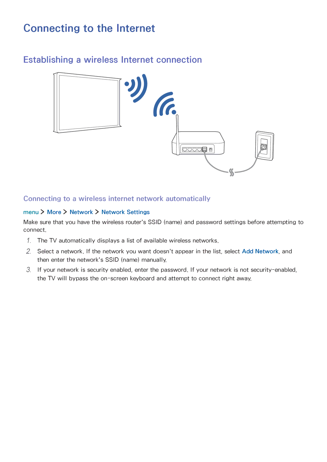 Samsung UE24LS001AUXZF, UE24LS001AUXZG manual Connecting to the Internet, Establishing a wireless Internet connection 