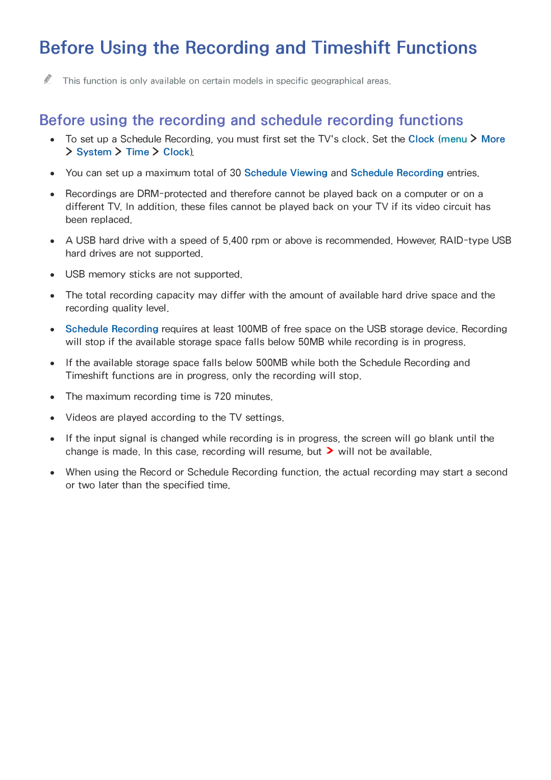 Samsung UE40LS001CUXZG, UE24LS001AUXZG manual Before Using the Recording and Timeshift Functions, System Time Clock 