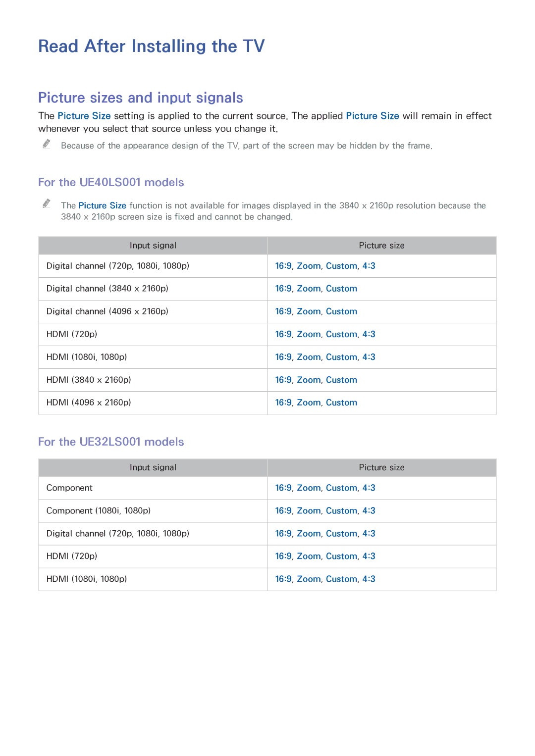 Samsung UE40LS001CUXZT manual Read After Installing the TV, Picture sizes and input signals, For the UE40LS001 models 