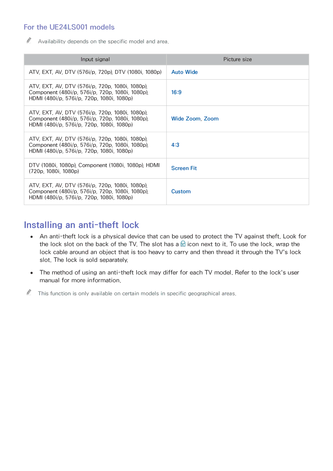 Samsung UE32LS001FUXZT, UE24LS001AUXZG, UE40LS001AUXZG manual Installing an anti-theft lock, For the UE24LS001 models 