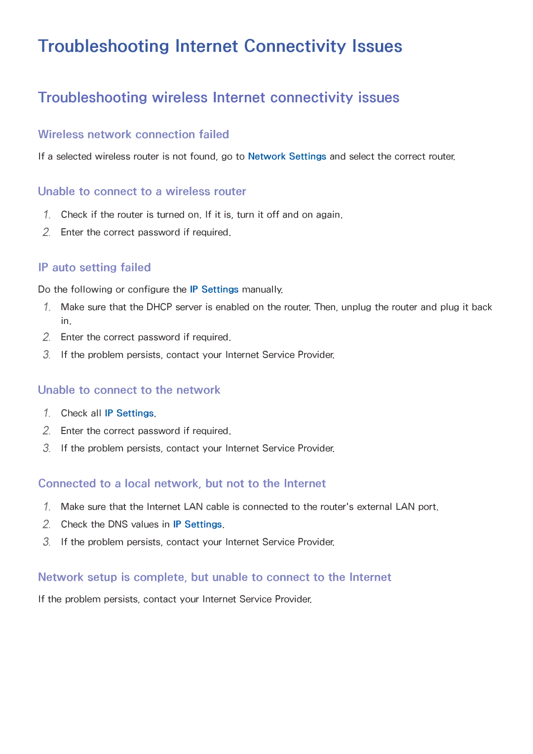 Samsung UE24LS001BUXZF Troubleshooting Internet Connectivity Issues, Troubleshooting wireless Internet connectivity issues 