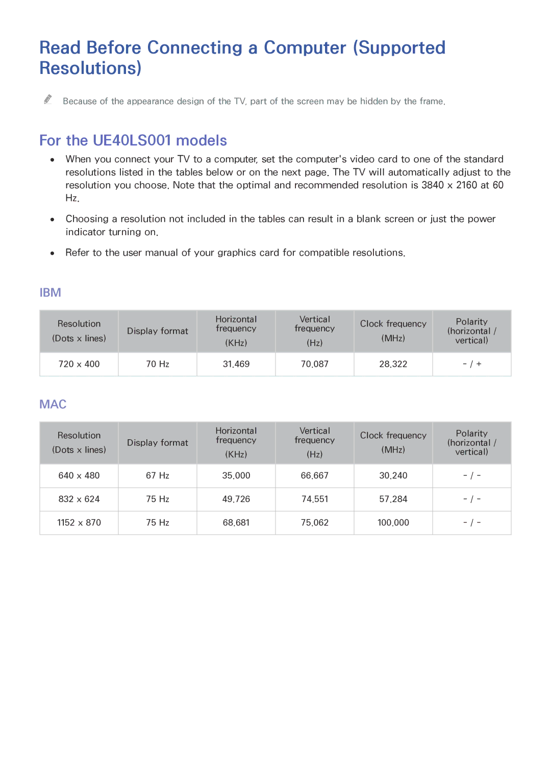 Samsung UE32LS001DUXZT, UE24LS001AUXZG Read Before Connecting a Computer Supported Resolutions, For the UE40LS001 models 