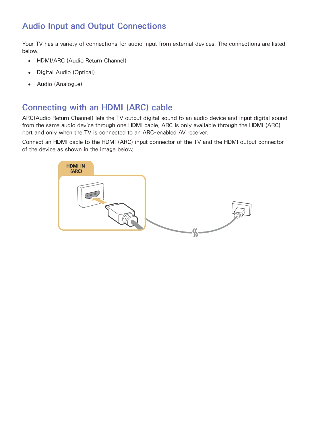 Samsung UE32LS001CUXZT, UE24LS001AUXZG manual Audio Input and Output Connections, Connecting with an Hdmi ARC cable 