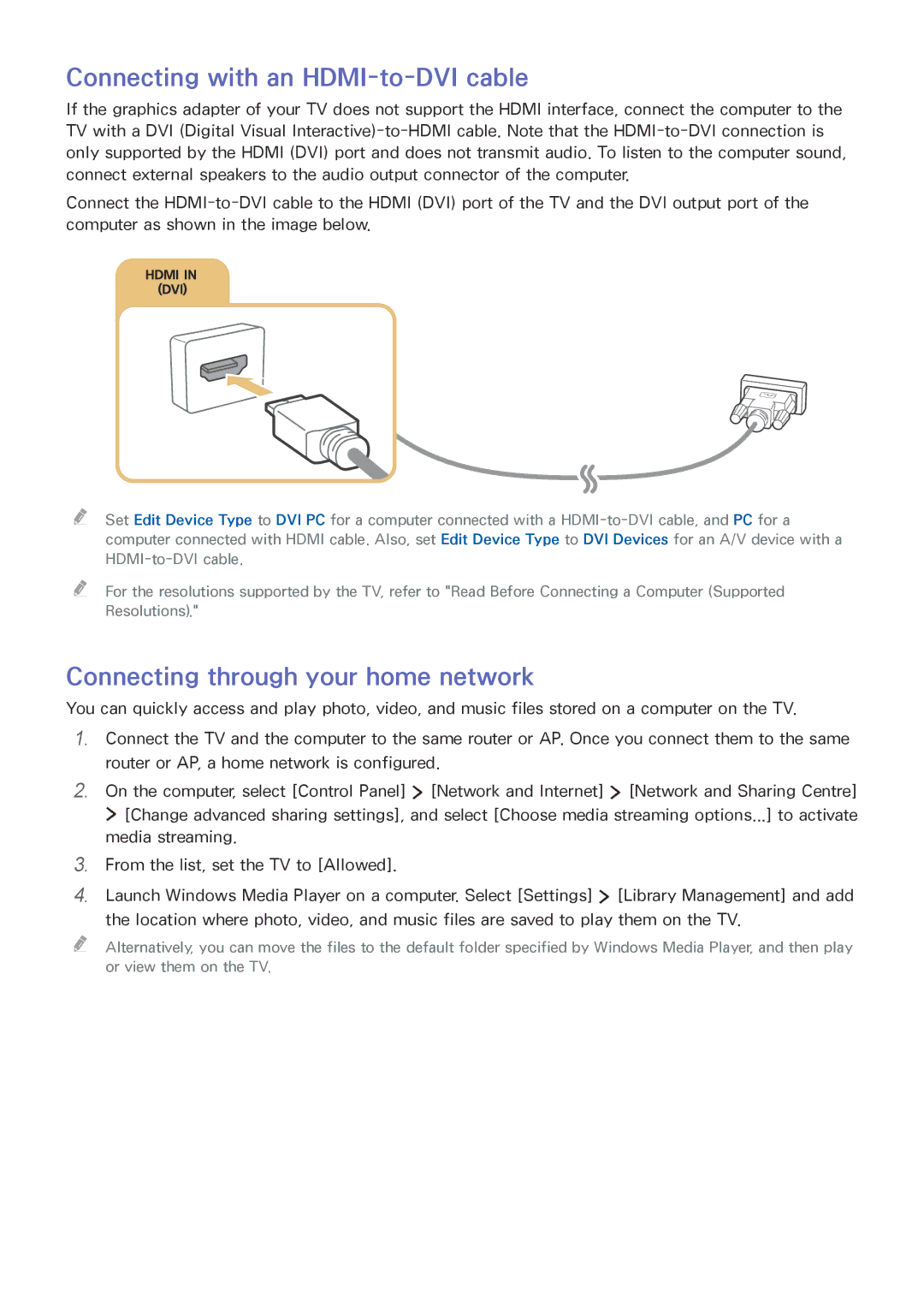 Samsung UE40LS001CUXZT, UE24LS001AUXZG manual Connecting with an HDMI-to-DVI cable, Connecting through your home network 