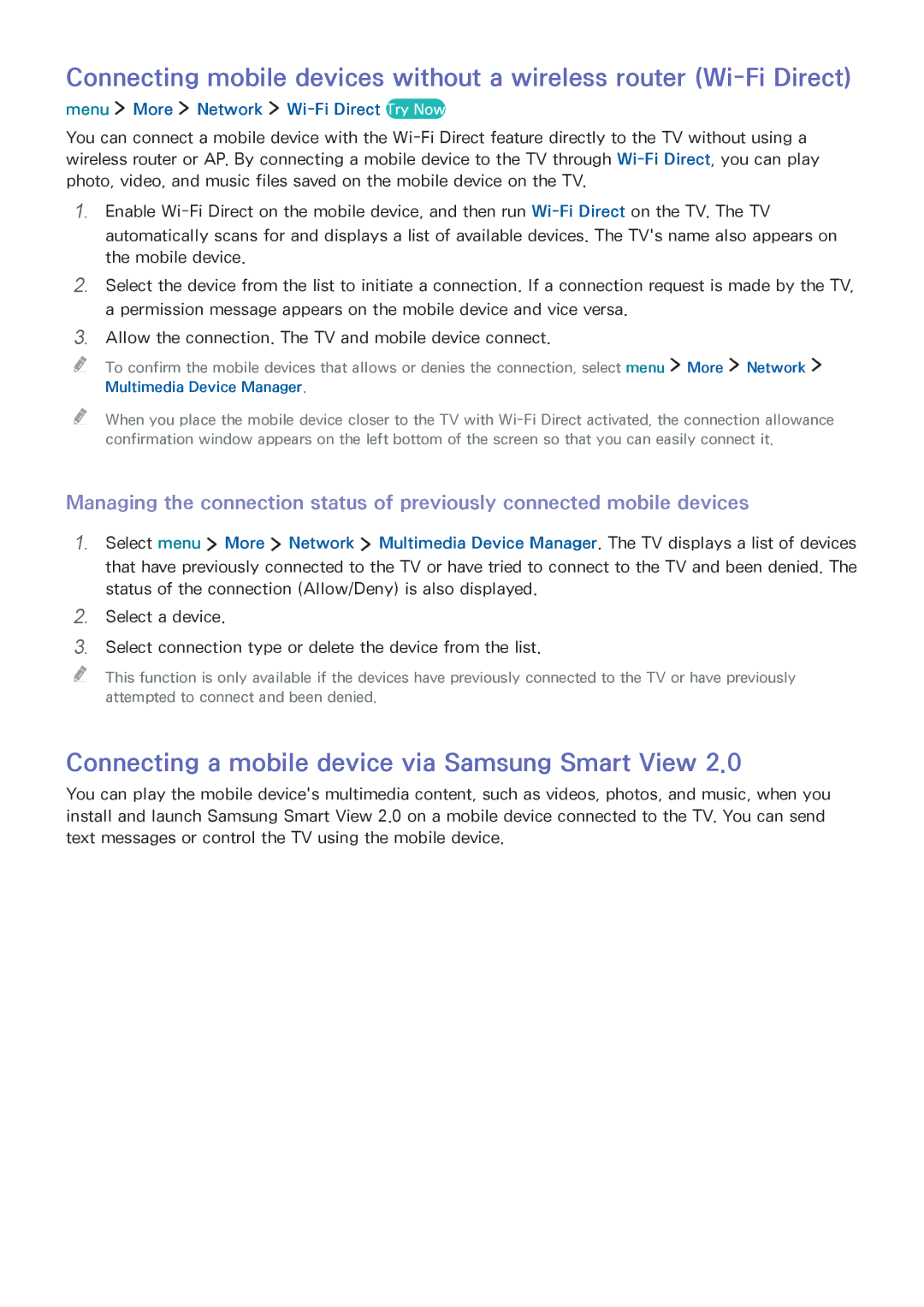 Samsung UE24LS001AUXZT manual Connecting a mobile device via Samsung Smart View, Menu More Network Wi-Fi Direct Try Now 