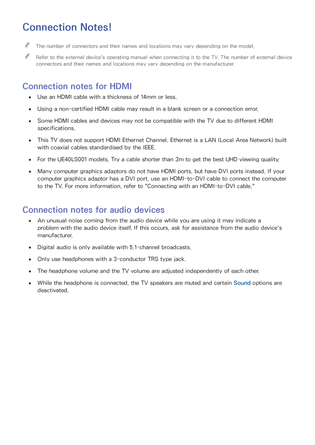 Samsung UE32LS001AUXZT, UE24LS001AUXZG Connection Notes, Connection notes for Hdmi, Connection notes for audio devices 