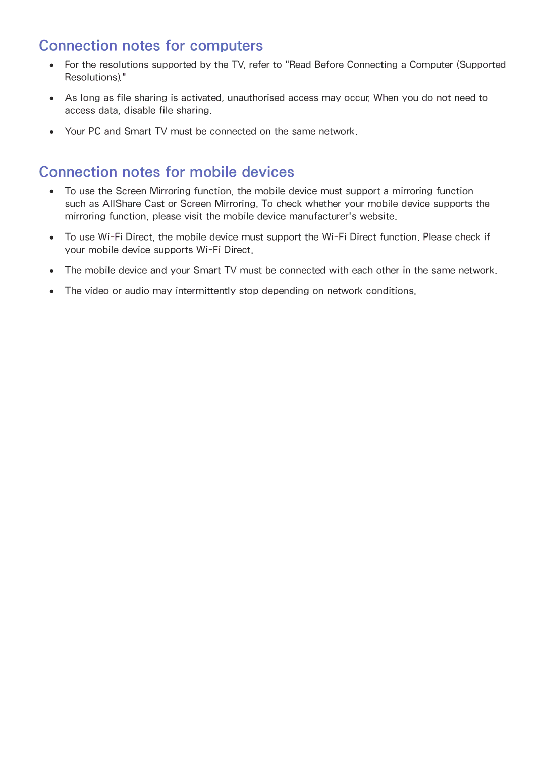 Samsung UE32LS001CUXXC, UE24LS001AUXZG, UE40LS001AUXZG Connection notes for computers, Connection notes for mobile devices 