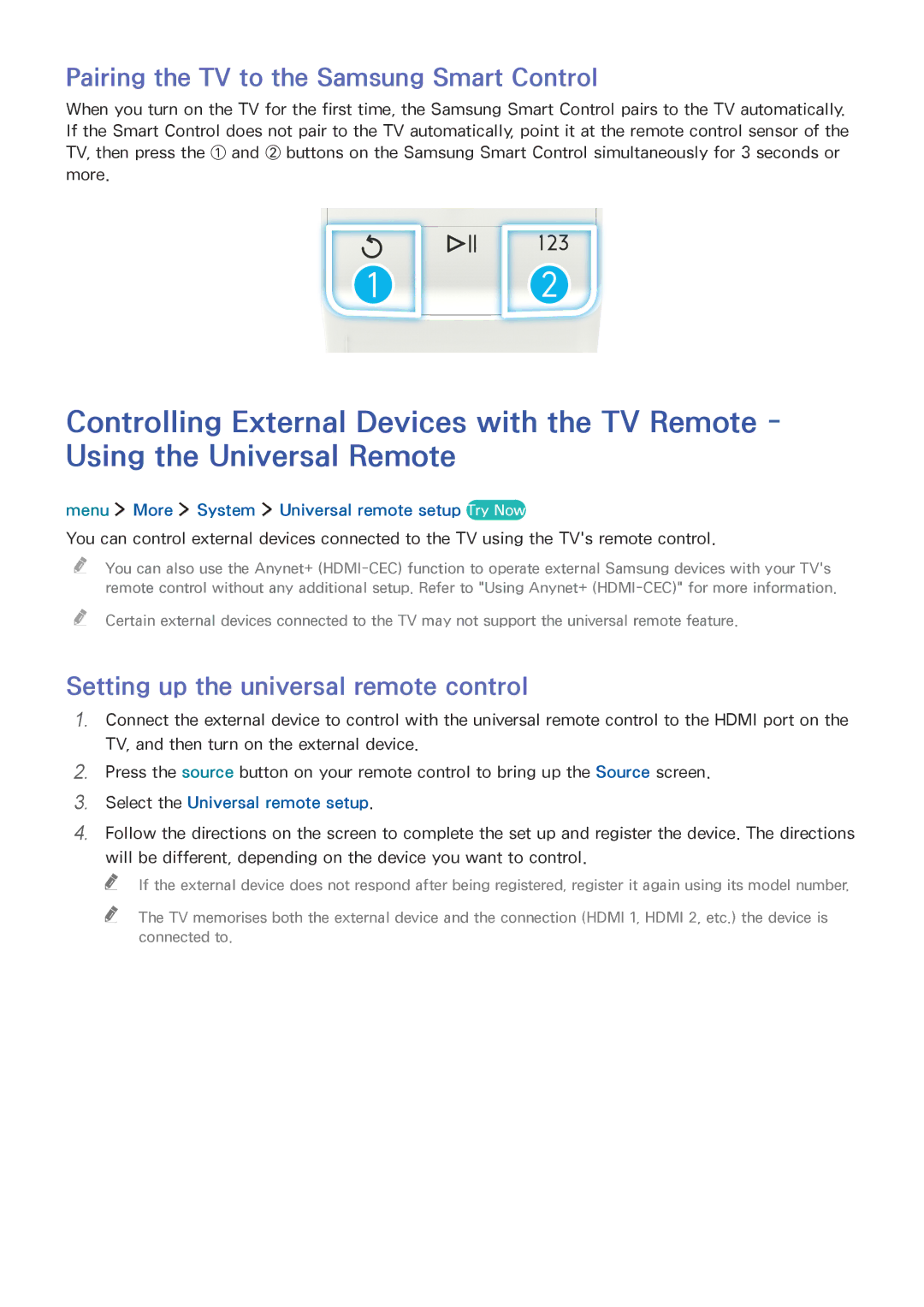 Samsung UE40LS001AUXXC manual Setting up the universal remote control, Menu More System Universal remote setup Try Now 