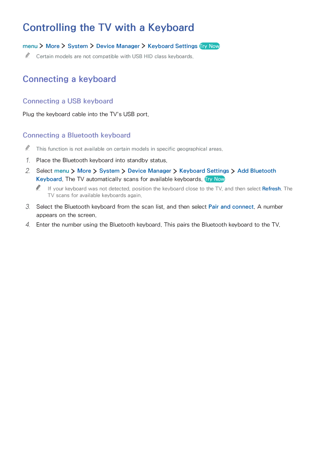 Samsung UE24LS001BUXXC manual Controlling the TV with a Keyboard, Connecting a keyboard, Connecting a USB keyboard 