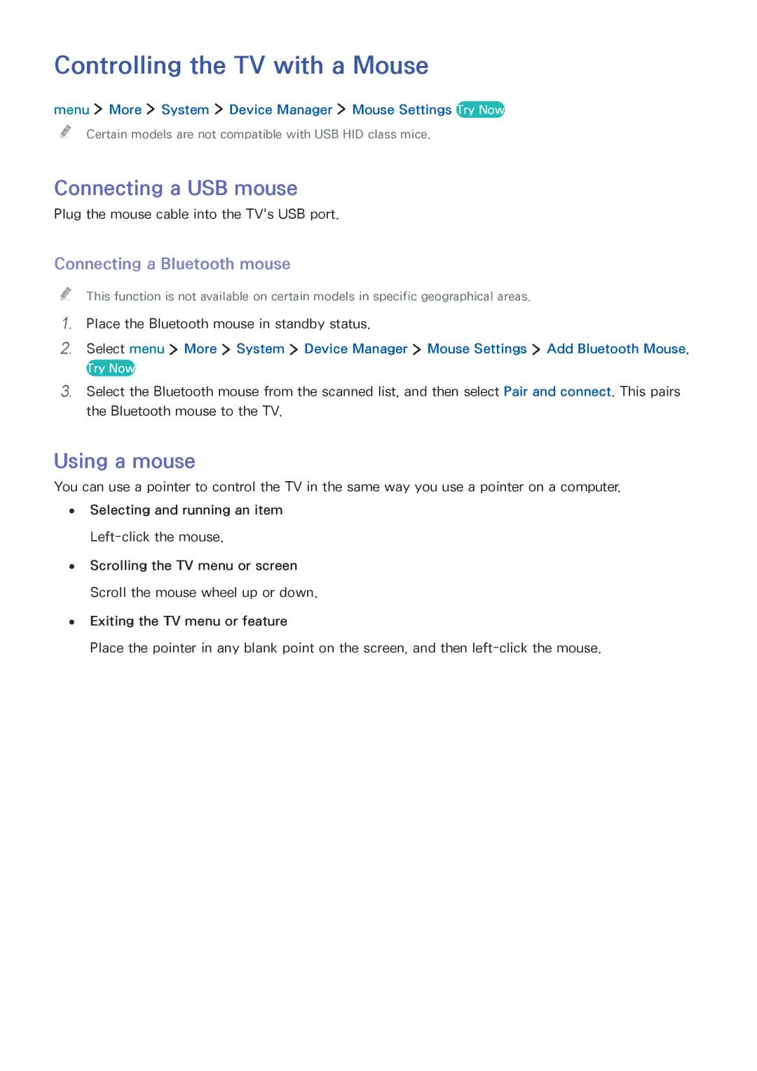 Samsung UE32LS001BUXXE, UE24LS001AUXZG manual Controlling the TV with a Mouse, Connecting a USB mouse, Using a mouse 