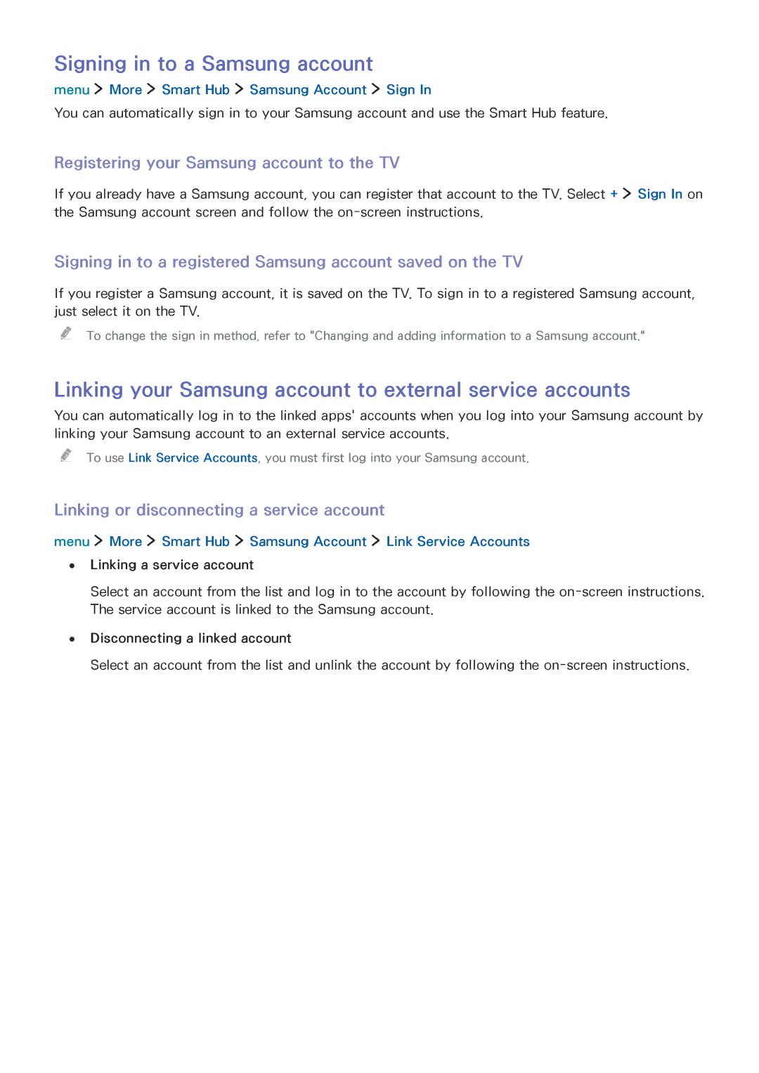 Samsung UE32LS001EUXXE manual Signing in to a Samsung account, Linking your Samsung account to external service accounts 