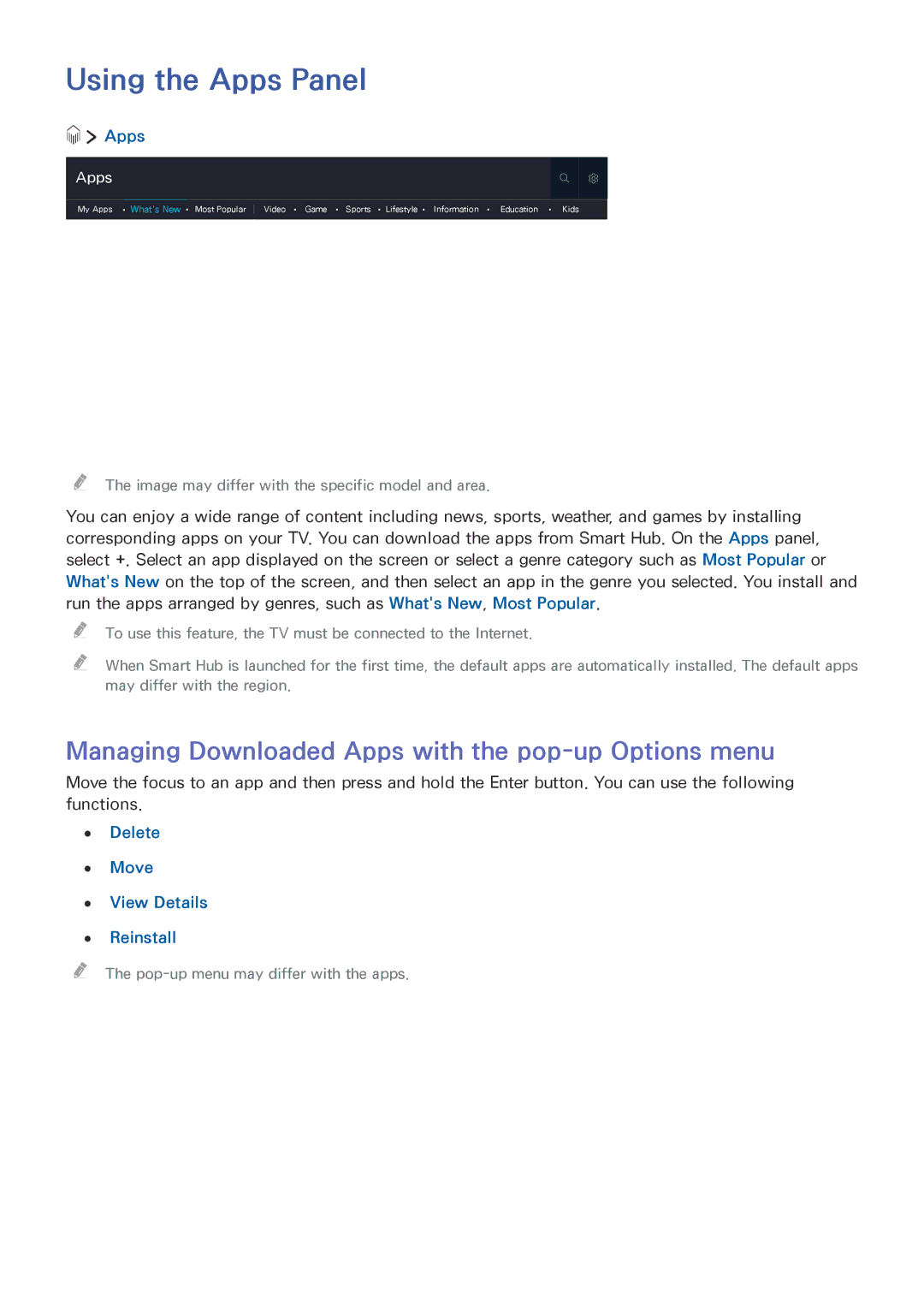 Samsung UE32LS001CUXXU, UE24LS001AUXZG manual Using the Apps Panel, Managing Downloaded Apps with the pop-up Options menu 