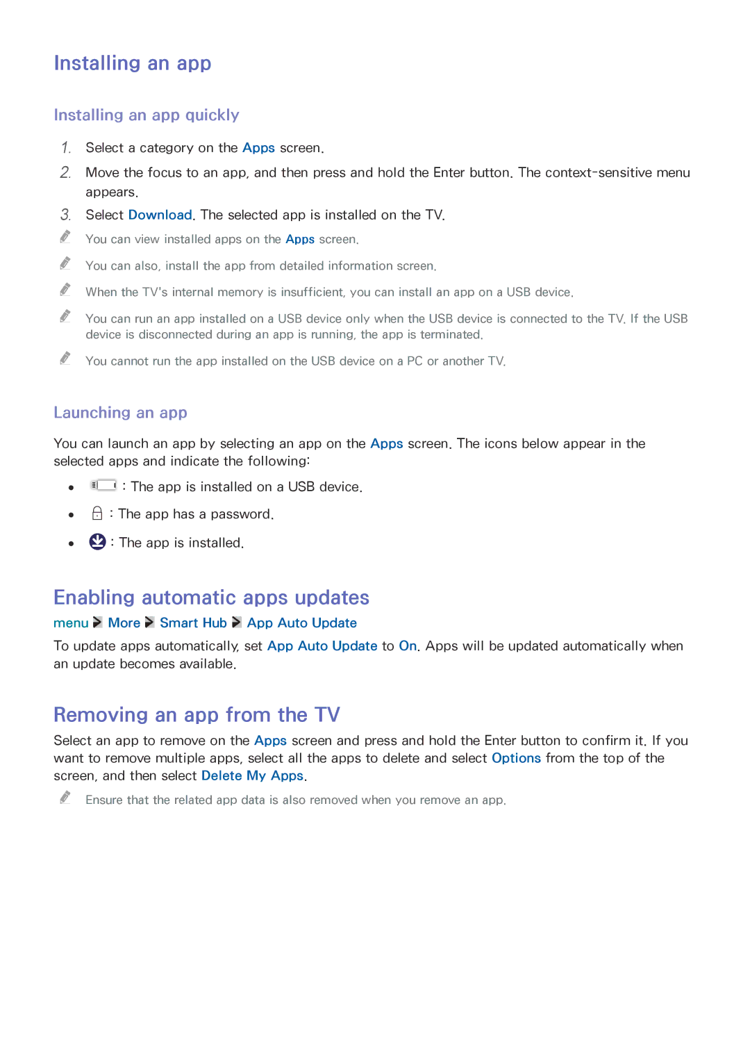 Samsung UE32LS001CSXXN Installing an app, Enabling automatic apps updates, Removing an app from the TV, Launching an app 