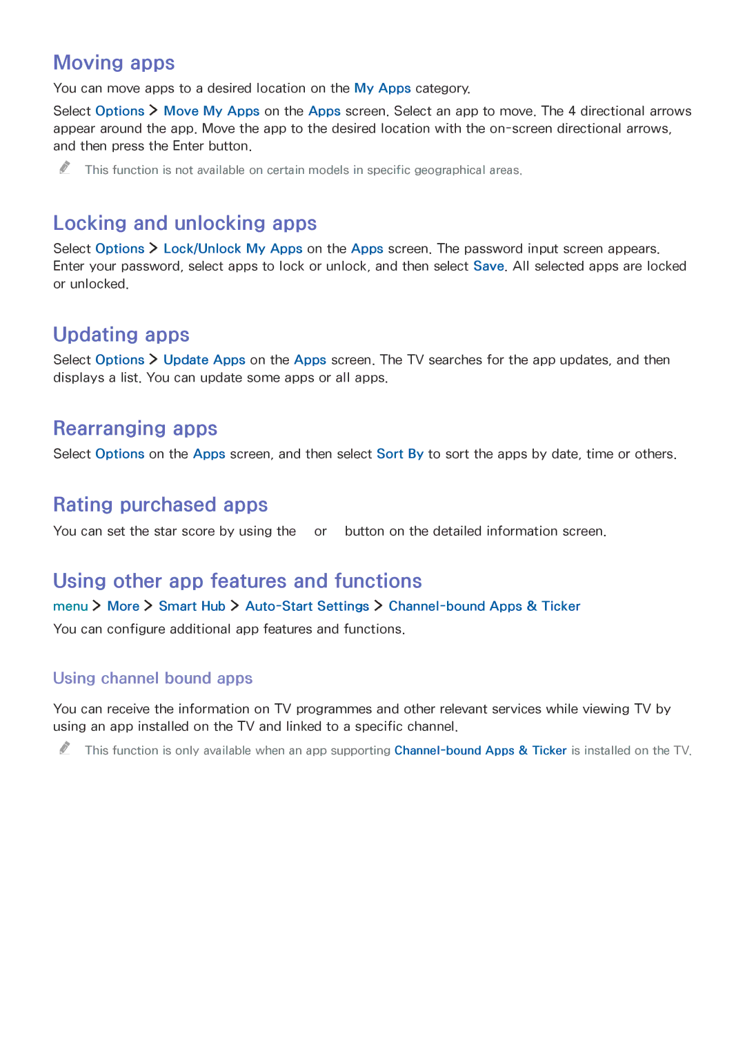 Samsung UE32LS001ASXXN Moving apps, Locking and unlocking apps, Updating apps, Rearranging apps, Rating purchased apps 