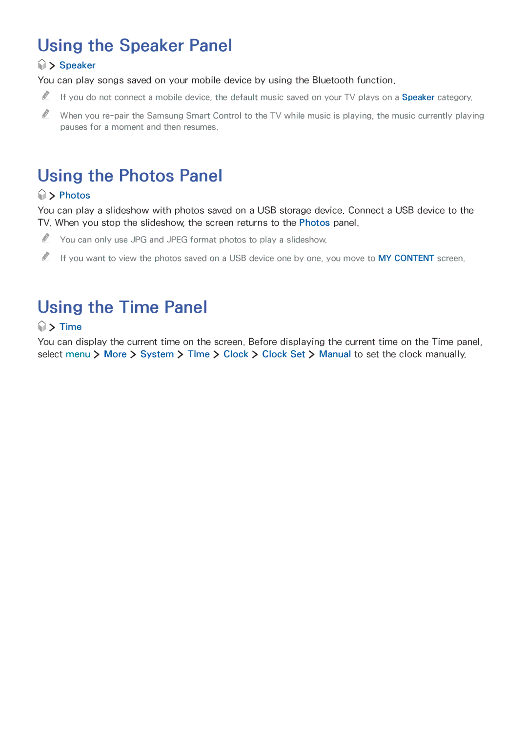 Samsung UE40LS001AUXXU, UE24LS001AUXZG manual Using the Speaker Panel, Using the Photos Panel, Using the Time Panel 