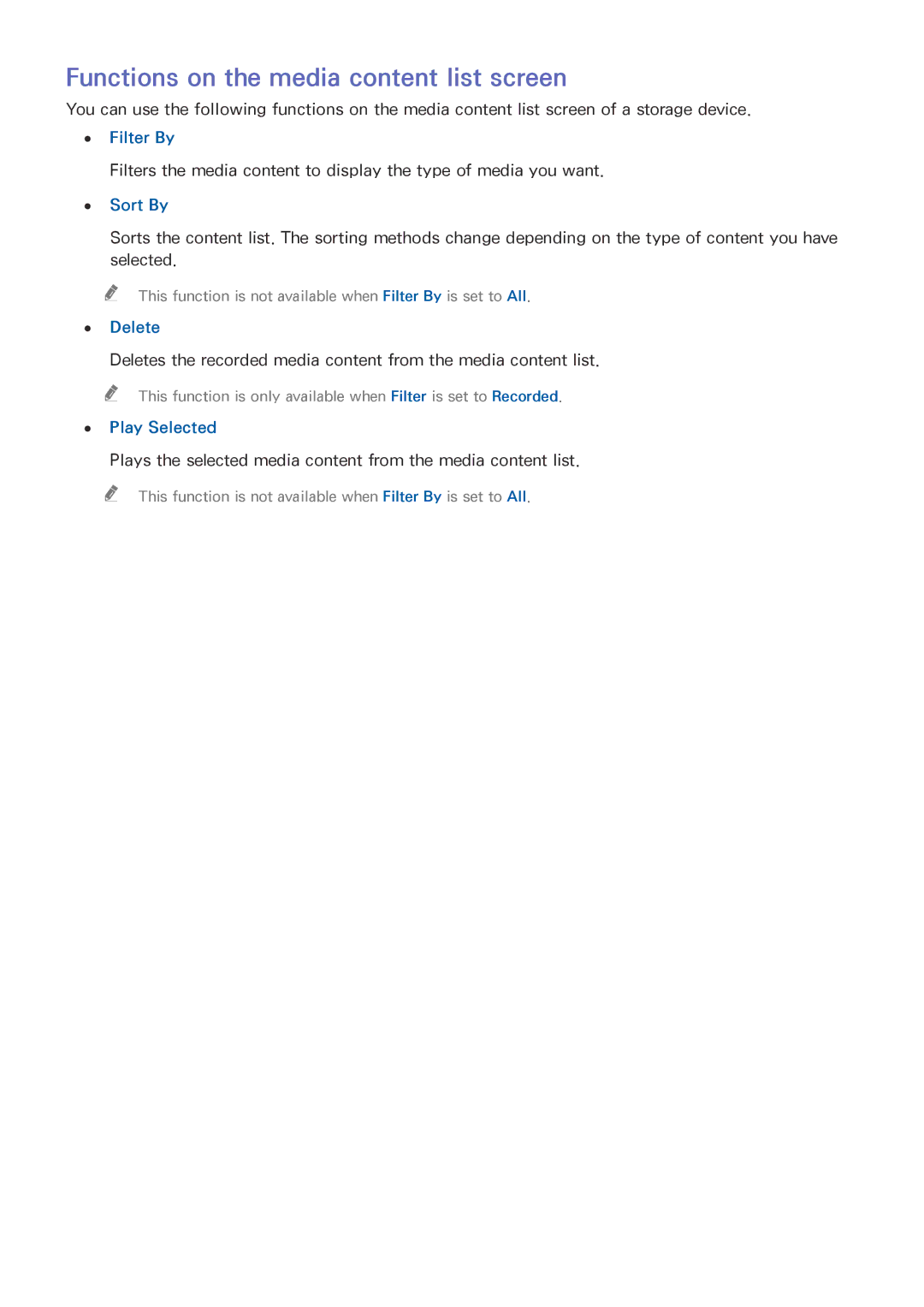 Samsung UE40LS001ASXXN, UE24LS001AUXZG manual Functions on the media content list screen, Sort By, Delete, Play Selected 