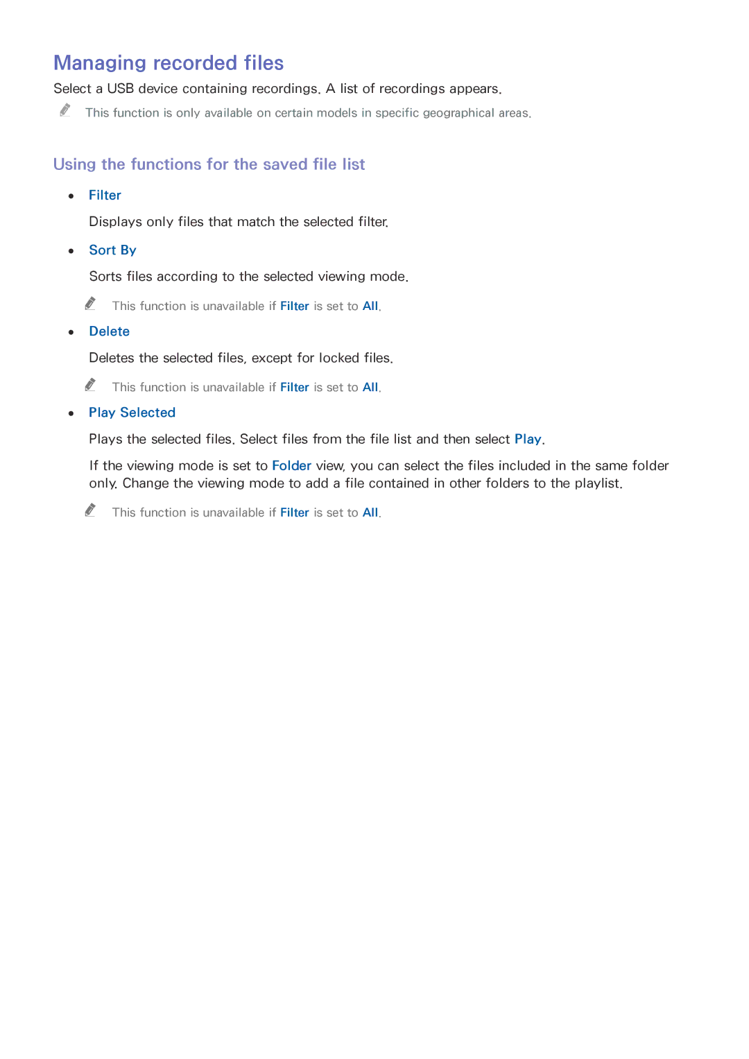 Samsung UE32LS001AUXXU, UE24LS001AUXZG manual Managing recorded files, Using the functions for the saved file list, Filter 