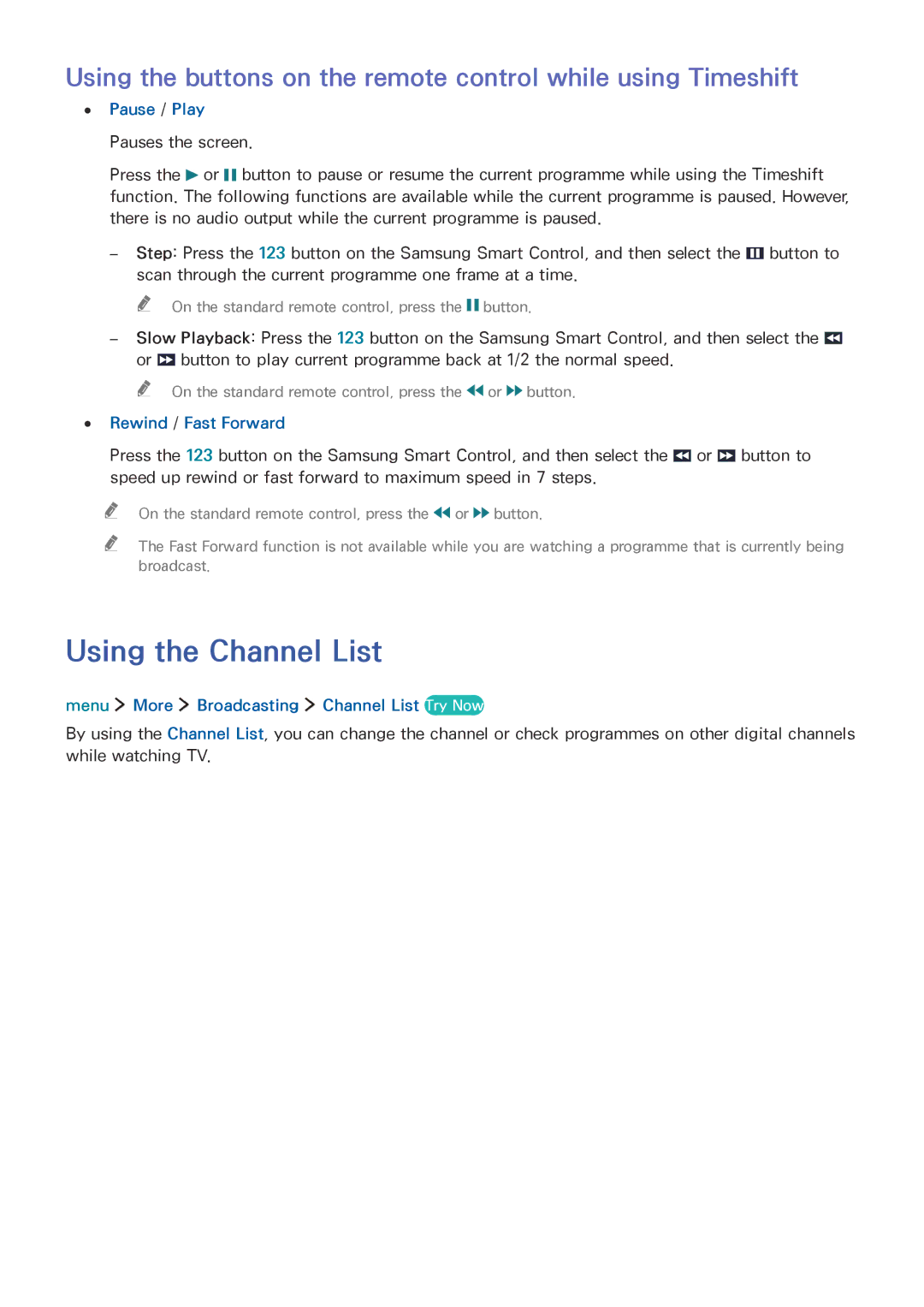 Samsung UE32LS001FUXZG, UE24LS001AUXZG, UE40LS001AUXZG Using the Channel List, Menu More Broadcasting Channel List Try Now 