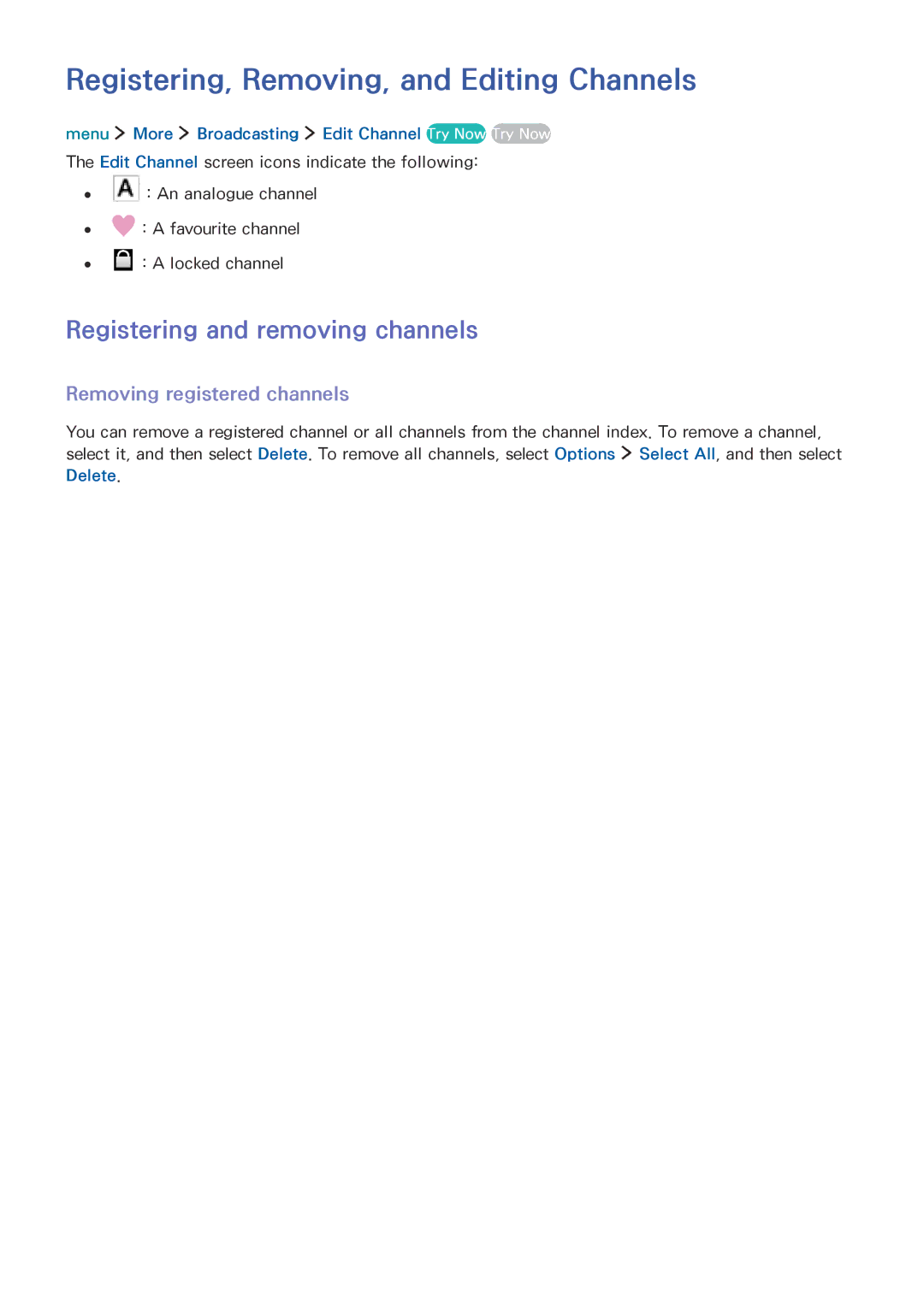 Samsung UE32LS001DUXZG, UE24LS001AUXZG manual Registering, Removing, and Editing Channels, Registering and removing channels 