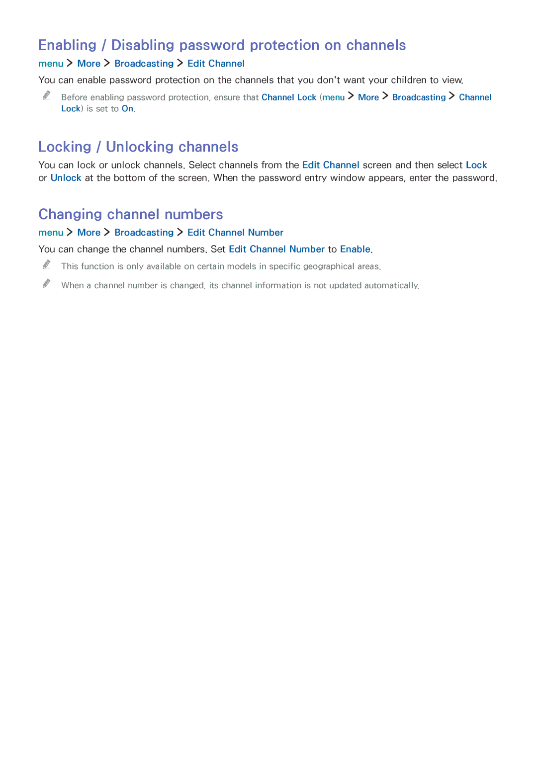 Samsung UE32LS001CUXZG, UE24LS001AUXZG Enabling / Disabling password protection on channels, Locking / Unlocking channels 