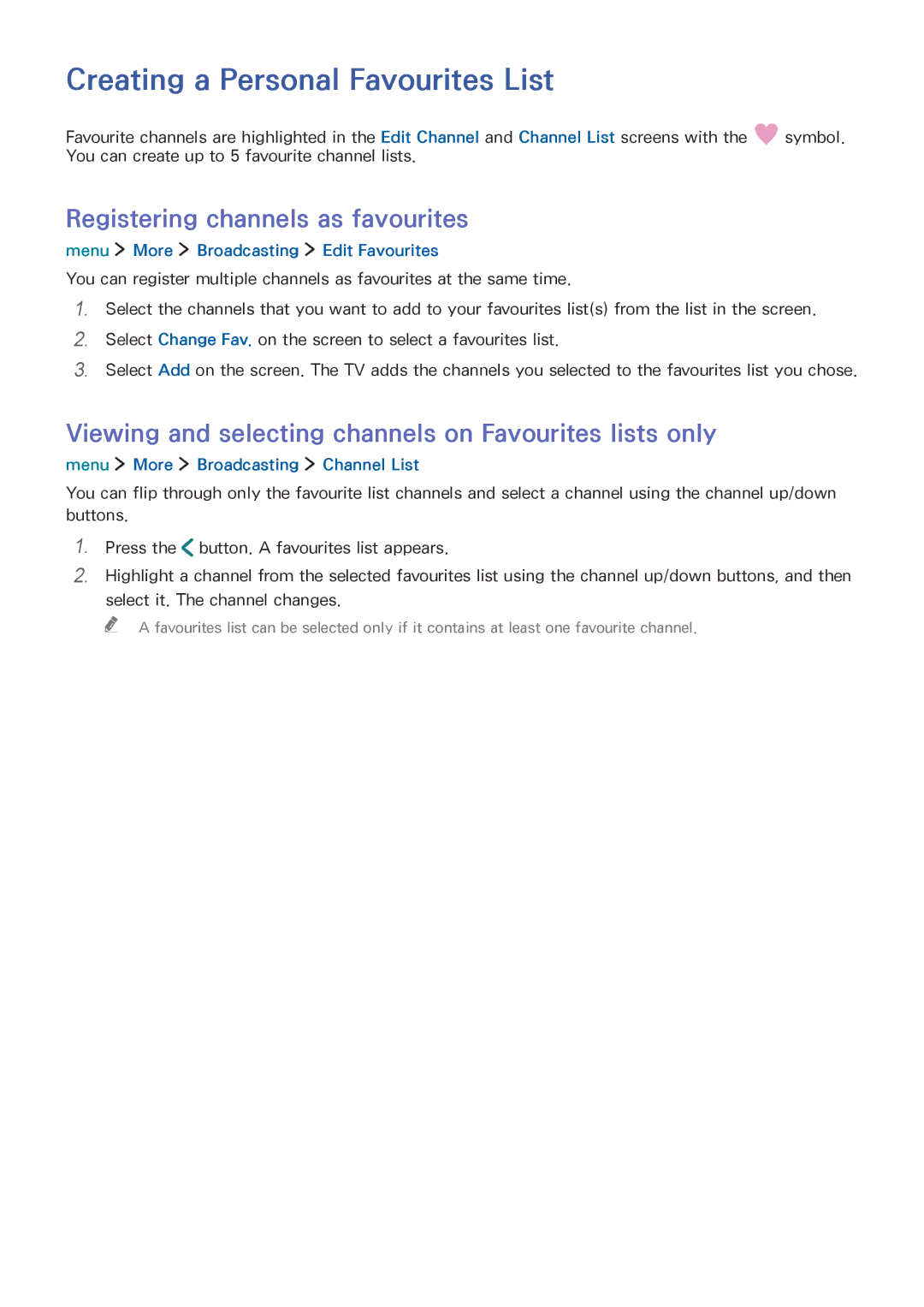 Samsung UE32LS001AUXZG, UE24LS001AUXZG manual Creating a Personal Favourites List, Registering channels as favourites 