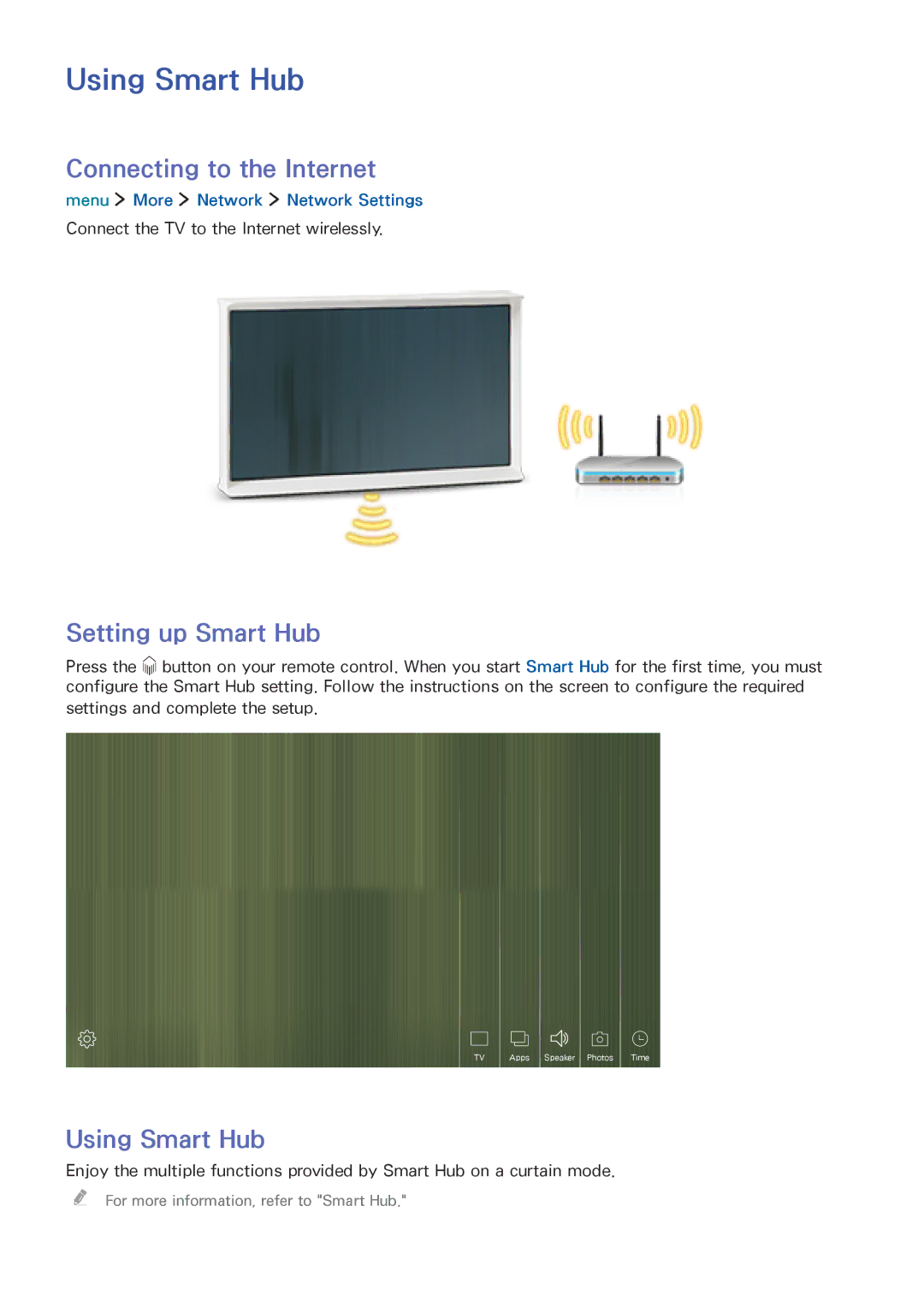 Samsung UE32LS001AUXZG, UE24LS001AUXZG, UE40LS001AUXZG Using Smart Hub, Connecting to the Internet, Setting up Smart Hub 