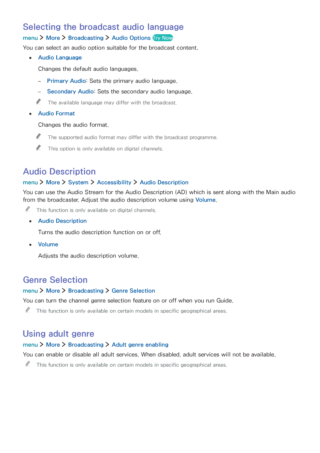 Samsung UE24LS001AUXZF manual Selecting the broadcast audio language, Audio Description, Genre Selection, Using adult genre 