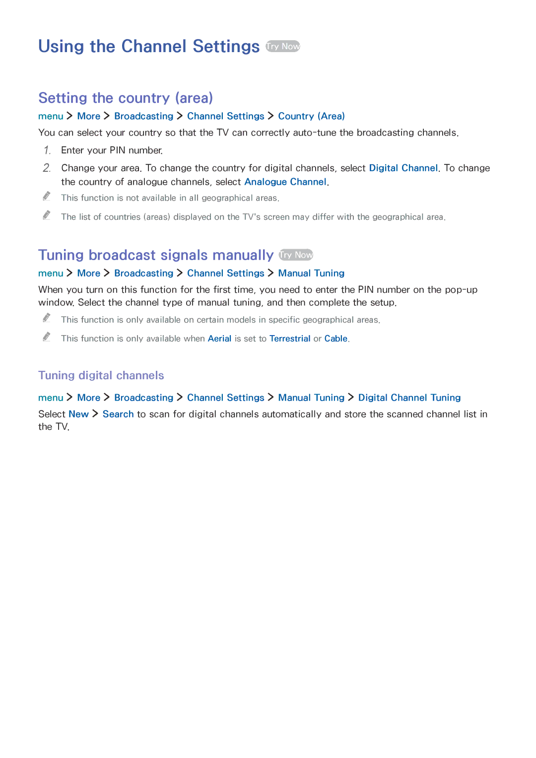 Samsung UE32LS001DUXZF manual Using the Channel Settings Try Now, Setting the country area, Tuning digital channels 