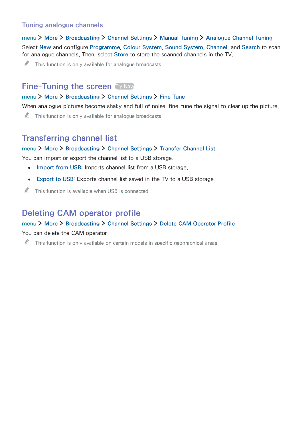 Samsung UE24LS001BUXZF manual Fine-Tuning the screen Try Now, Transferring channel list, Deleting CAM operator profile 