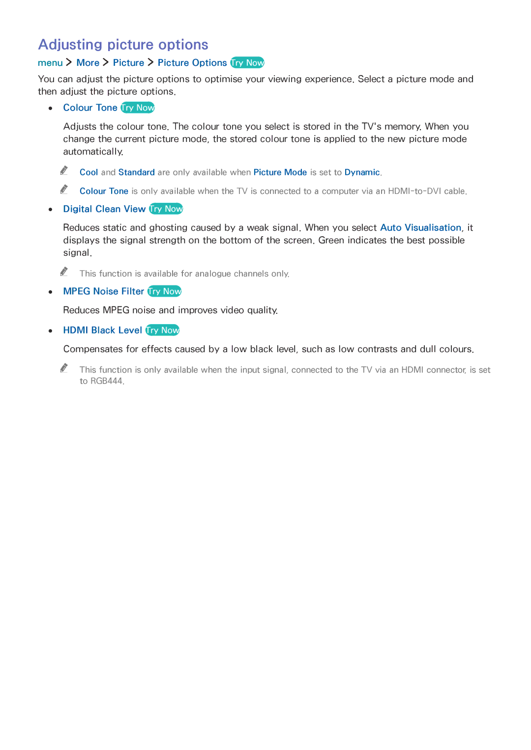 Samsung UE40LS001CUXZT manual Adjusting picture options, Menu More Picture Picture Options Try Now, Colour Tone Try Now 