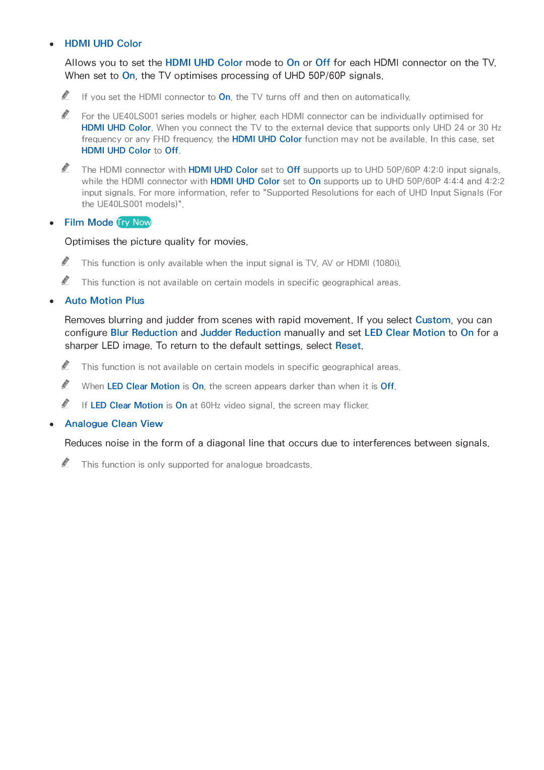 Samsung UE32LS001FUXZT manual Hdmi UHD Color, Film Mode Try Now, Optimises the picture quality for movies, Auto Motion Plus 