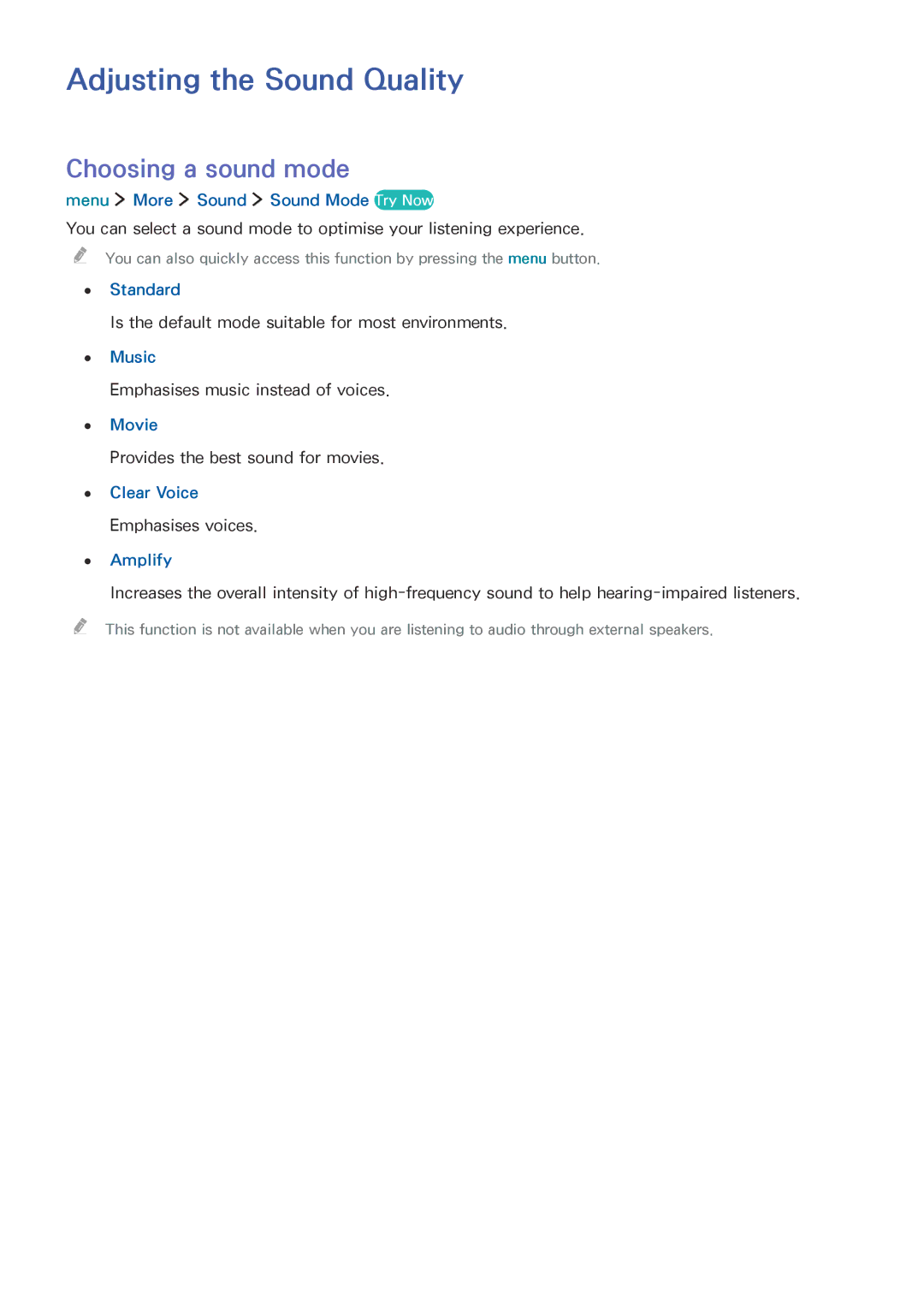 Samsung UE32LS001CUXXC, UE24LS001AUXZG, UE40LS001AUXZG, UE32LS001FUXZG Adjusting the Sound Quality, Choosing a sound mode 