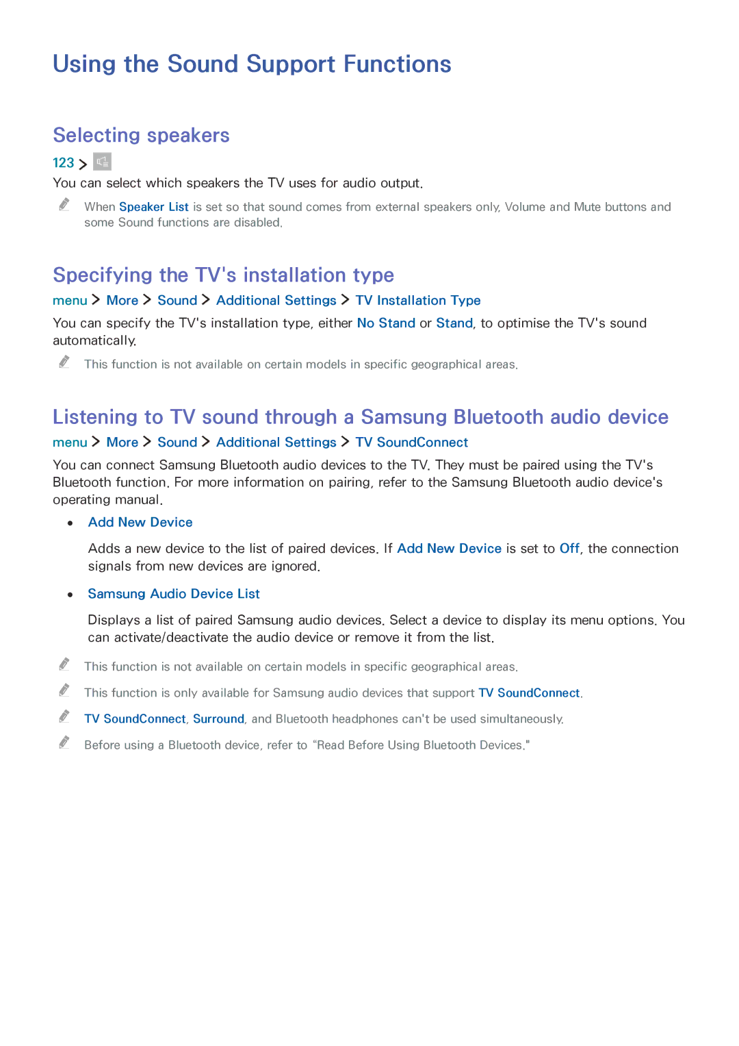 Samsung UE32LS001FUXXC manual Using the Sound Support Functions, Selecting speakers, Specifying the TVs installation type 