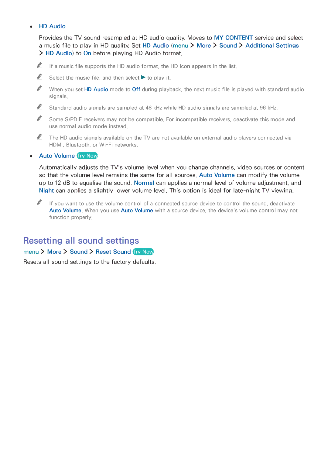 Samsung UE40LS001CUXXC Resetting all sound settings, HD Audio, Auto Volume Try Now, Menu More Sound Reset Sound Try Now 