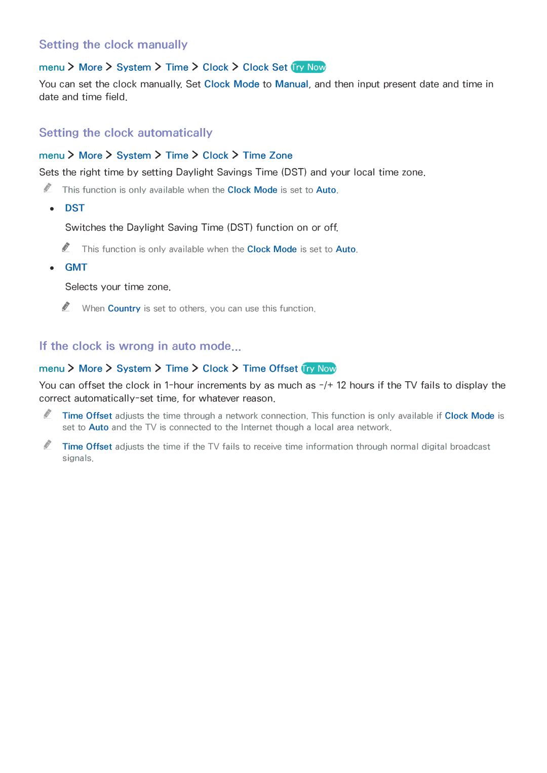 Samsung UE24LS001BUXXC Setting the clock manually, Setting the clock automatically, If the clock is wrong in auto mode 