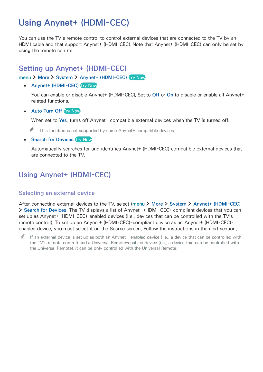 Samsung UE40LS001CSXXN, UE24LS001AUXZG Using Anynet+ HDMI-CEC, Setting up Anynet+ HDMI-CEC, Selecting an external device 