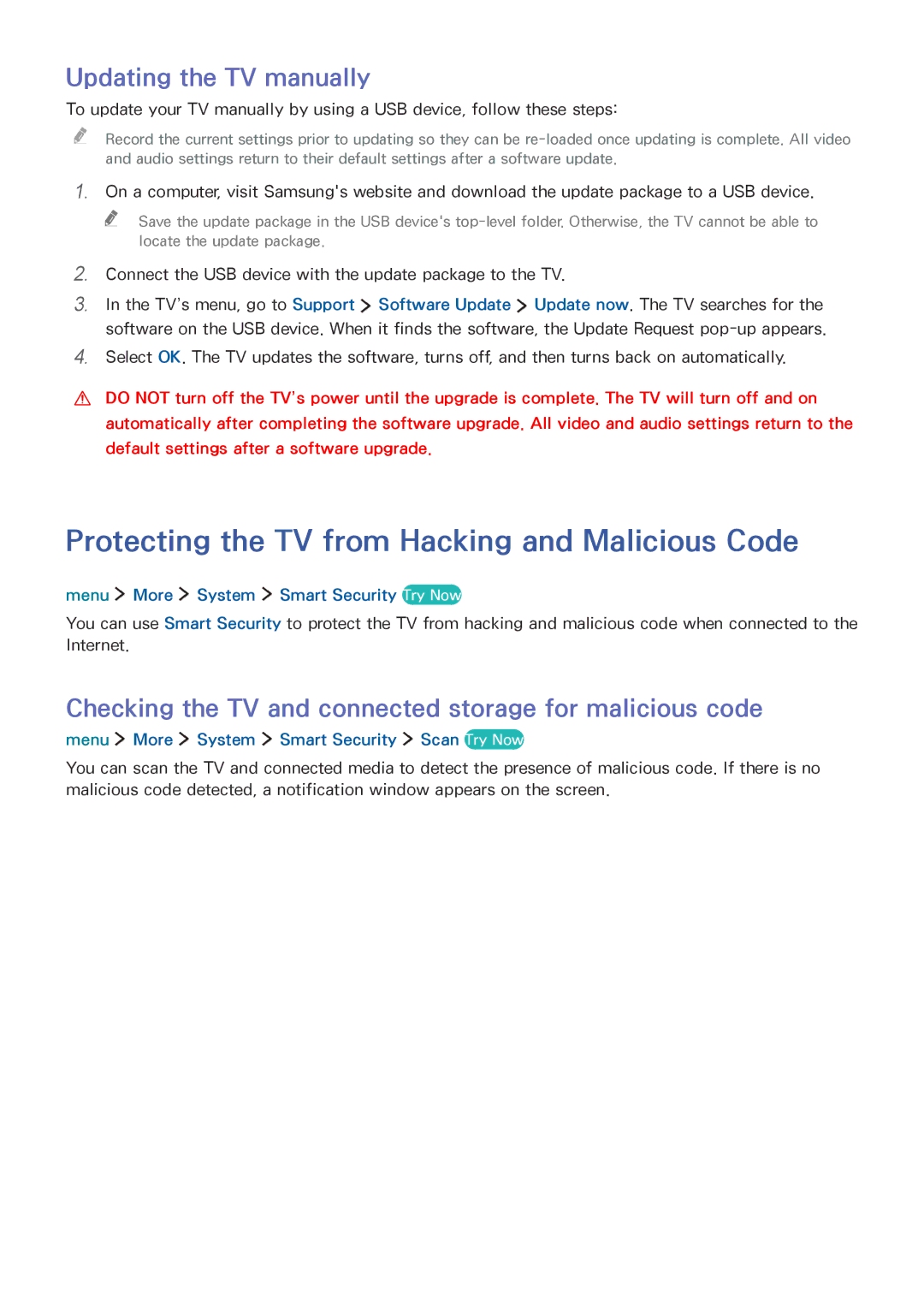 Samsung UE32LS001EUXXE, UE24LS001AUXZG Protecting the TV from Hacking and Malicious Code, Updating the TV manually 