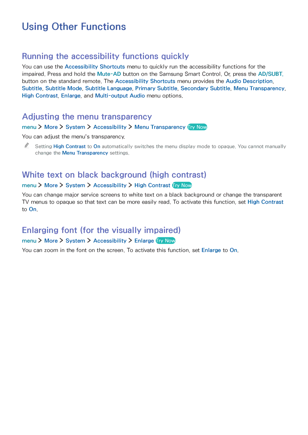 Samsung UE32LS001CUXXU Using Other Functions, Running the accessibility functions quickly, Adjusting the menu transparency 