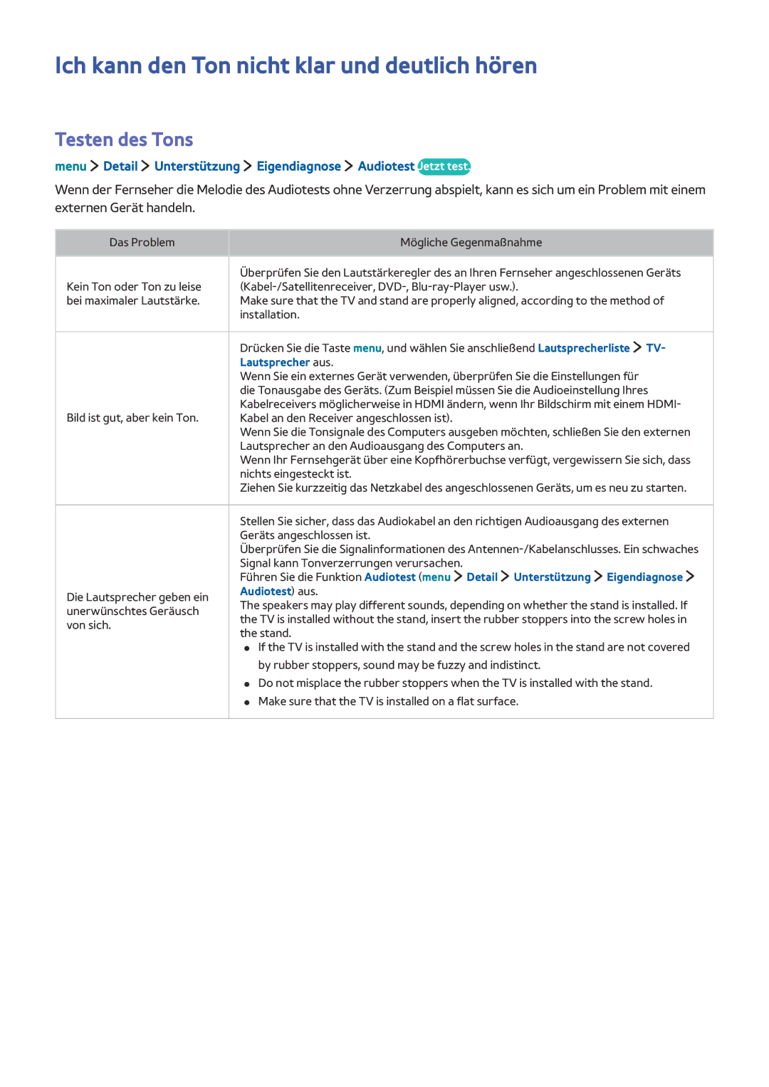 Samsung UE40LS001AUXZG Ich kann den Ton nicht klar und deutlich hören, Testen des Tons, Lautsprecher aus, Audiotest aus 