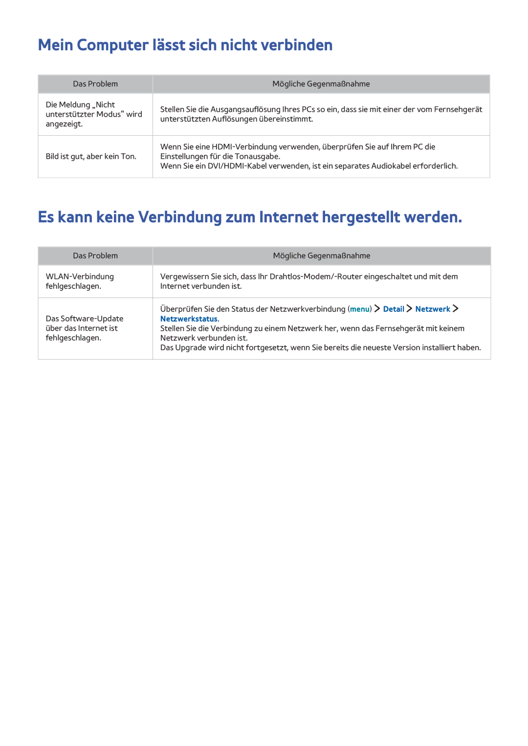 Samsung UE40LS001CUXZG Mein Computer lässt sich nicht verbinden, Es kann keine Verbindung zum Internet hergestellt werden 