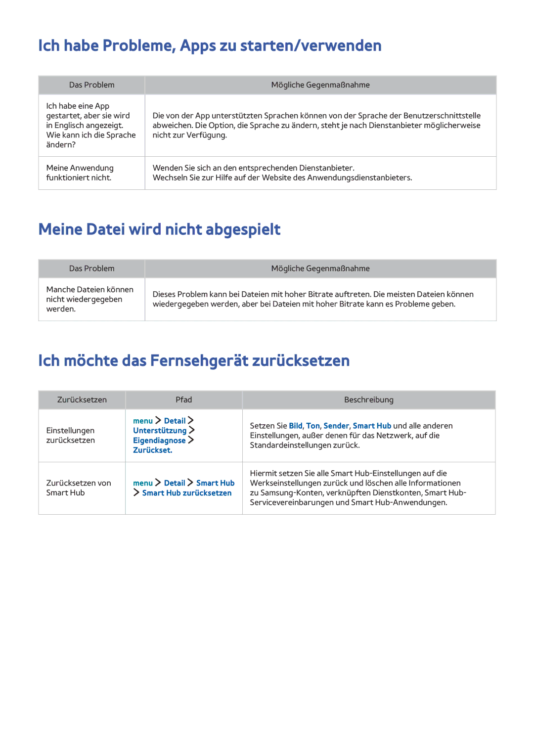 Samsung UE32LS001CUXZG, UE24LS001AUXZG Ich habe Probleme, Apps zu starten/verwenden, Meine Datei wird nicht abgespielt 