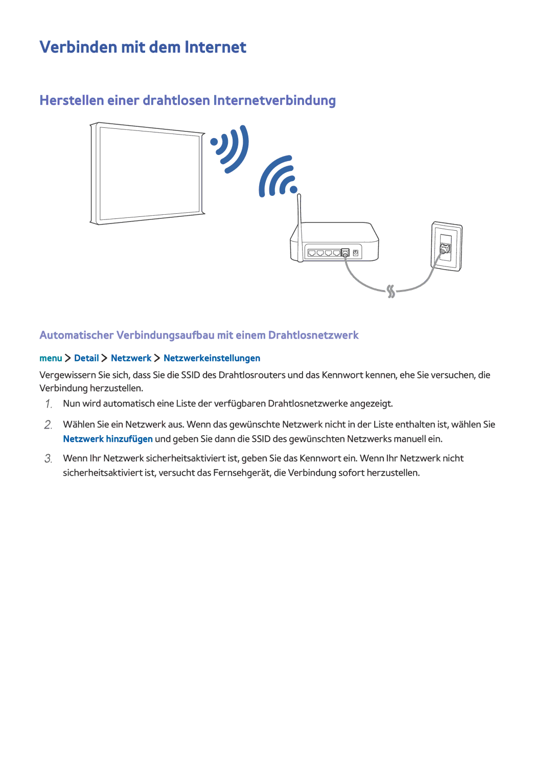 Samsung UE32LS001DUXZG, UE24LS001AUXZG manual Verbinden mit dem Internet, Herstellen einer drahtlosen Internetverbindung 