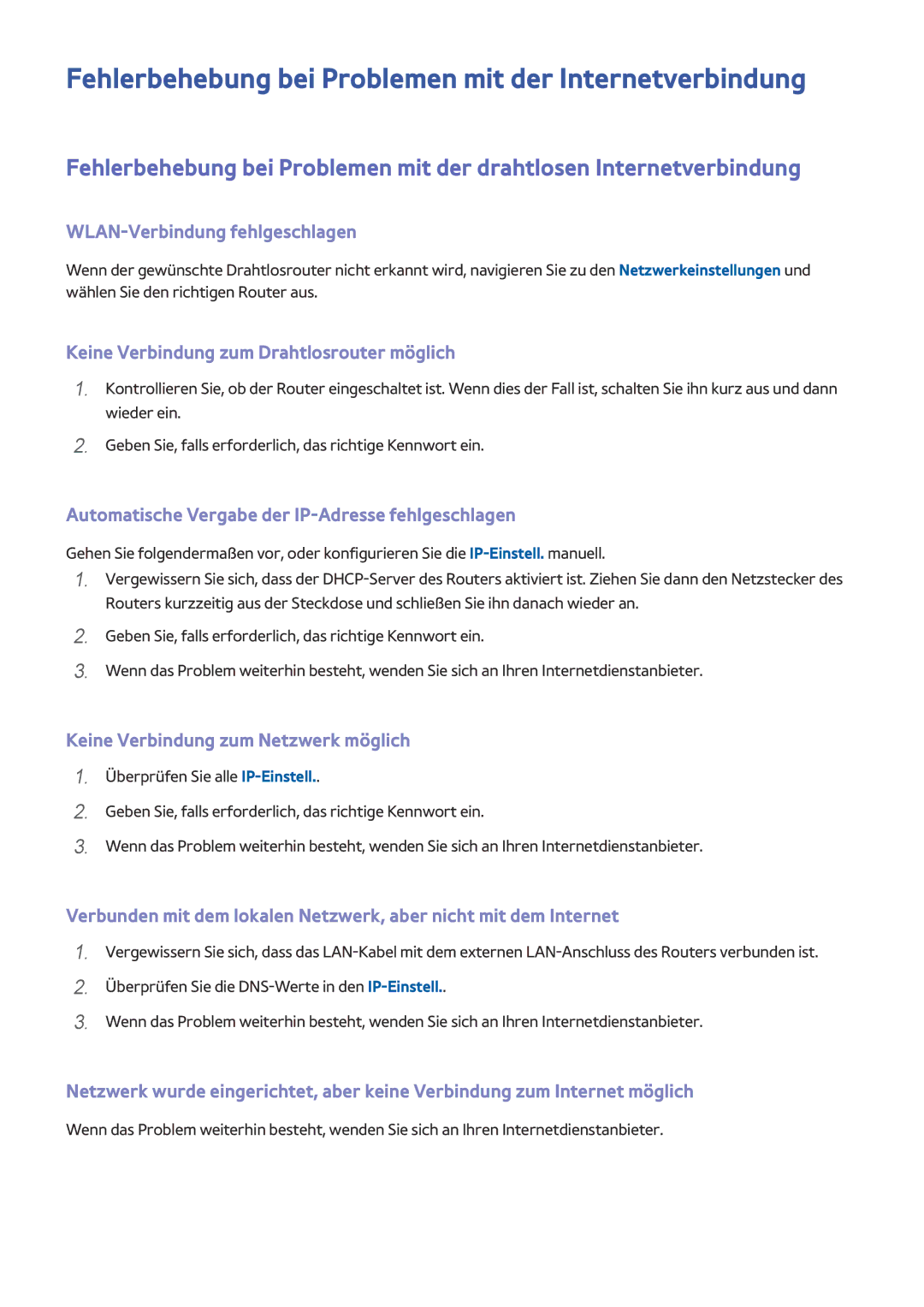 Samsung UE32LS001CUXZG manual Fehlerbehebung bei Problemen mit der Internetverbindung, WLAN-Verbindung fehlgeschlagen 