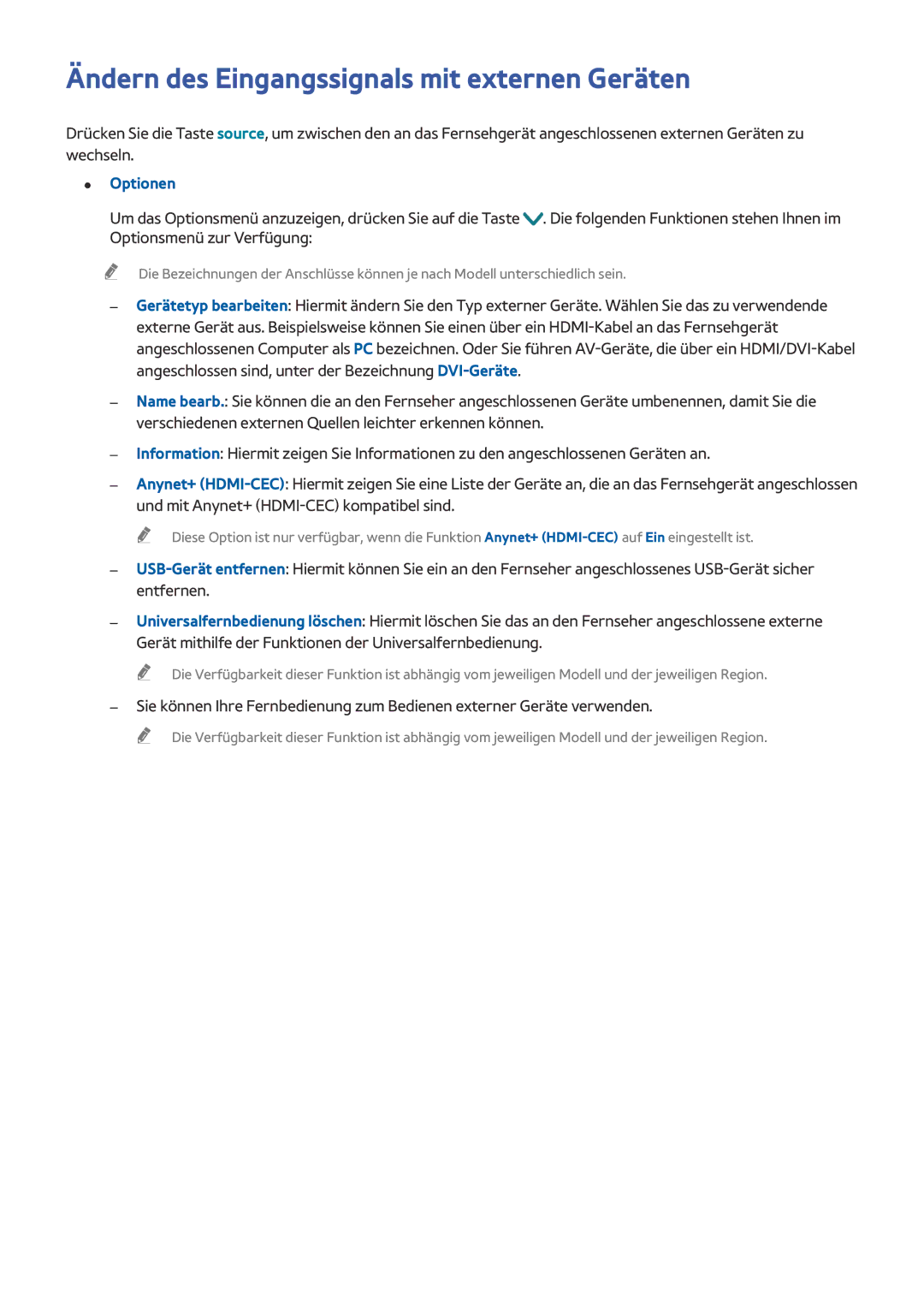 Samsung UE32LS001CUXZG, UE24LS001AUXZG, UE40LS001AUXZG manual Ändern des Eingangssignals mit externen Geräten, Optionen 