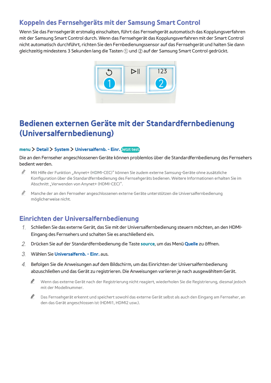 Samsung UE32LS001CUXZG manual Einrichten der Universalfernbedienung, Menu Detail System Universalfernb. Einr. Jetzt test 