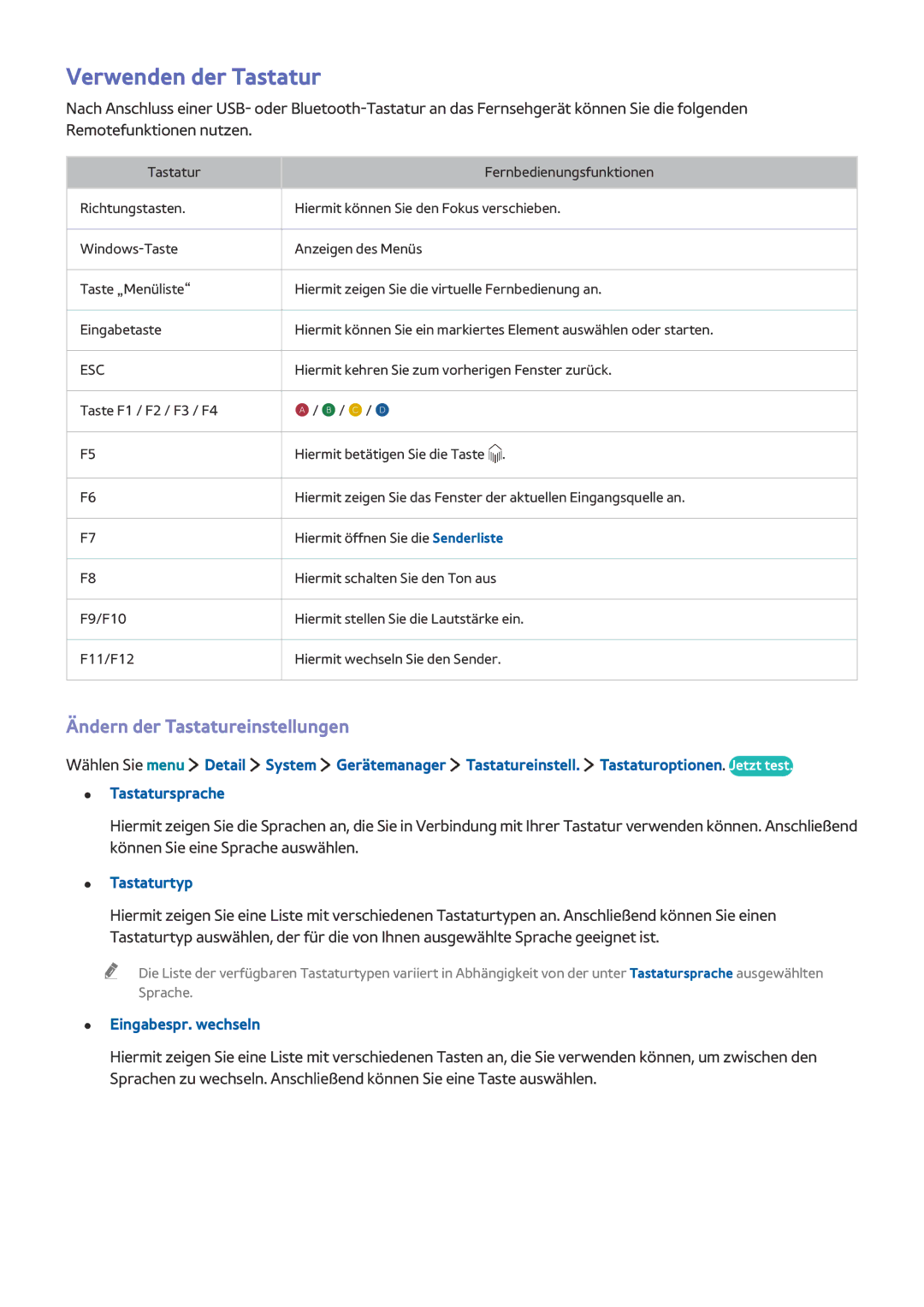 Samsung UE24LS001AUXZG manual Verwenden der Tastatur, Ändern der Tastatureinstellungen, Tastaturtyp, Eingabespr. wechseln 