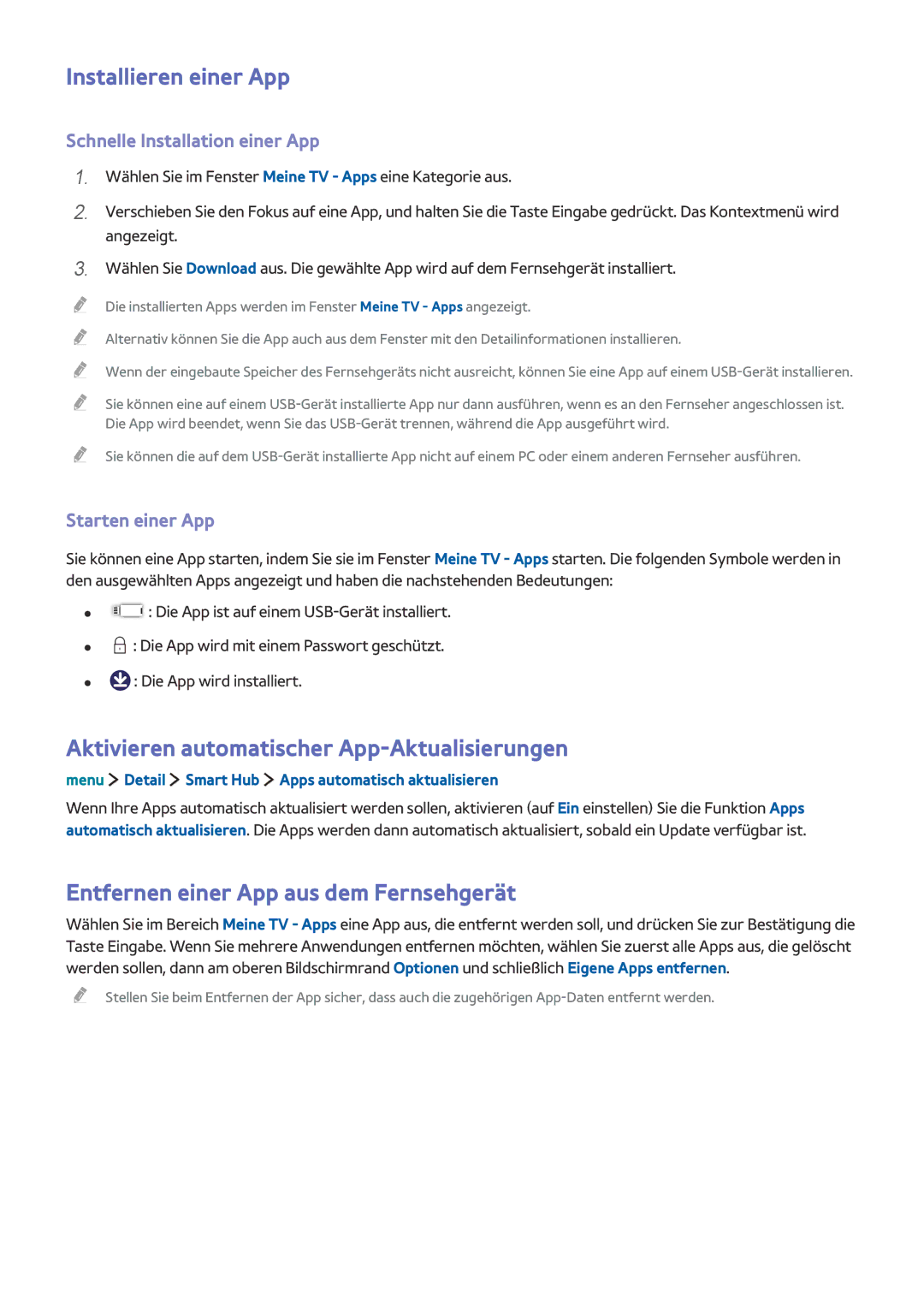 Samsung UE40LS001AUXZG manual Installieren einer App, Aktivieren automatischer App-Aktualisierungen, Starten einer App 