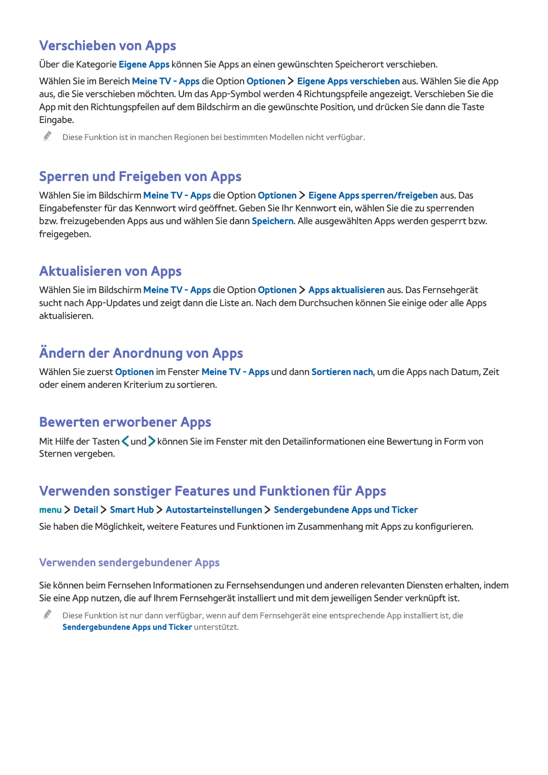 Samsung UE32LS001FUXZG, UE24LS001AUXZG manual Verschieben von Apps, Sperren und Freigeben von Apps, Aktualisieren von Apps 