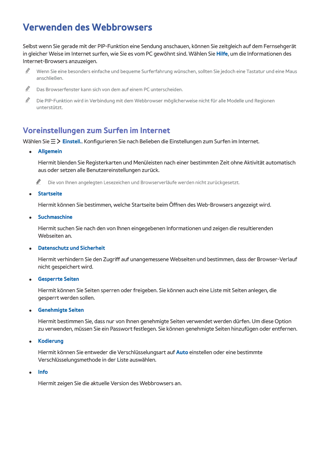 Samsung UE32LS001DUXZG, UE24LS001AUXZG, UE40LS001AUXZG Verwenden des Webbrowsers, Voreinstellungen zum Surfen im Internet 